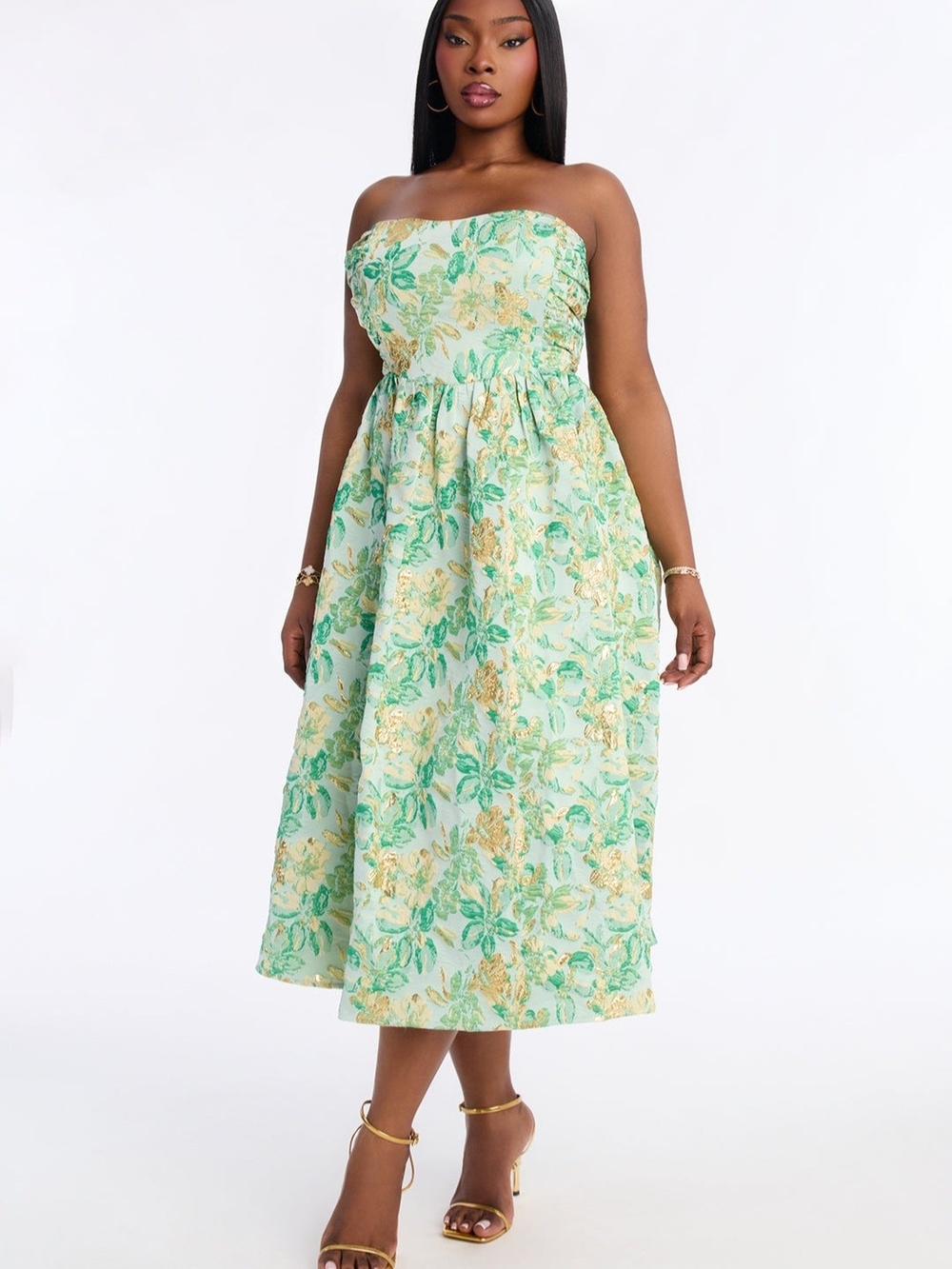 Fashion Nova Strapless Mint & Gold Floral Midi Dress